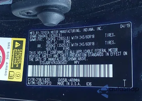 2019 Toyota Highlander Hybrid Xle z USA, uszkodzony, nr VIN 5TDJGRFH7KS065607